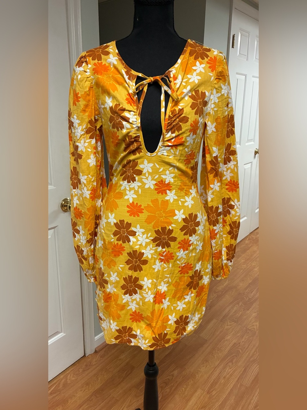 SABO Skirt Retro 70s Floral Cotton Mini Dress Size S USA 4 Yellow Orange Boho